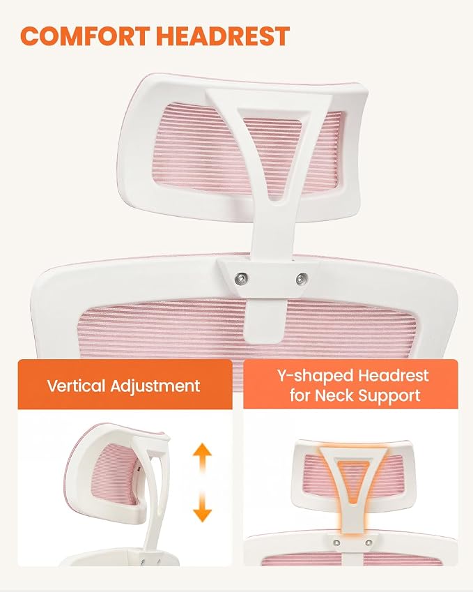 NEO CHAIR Office Chair High Back Desk Mesh Chair Comfy Computer Gaming Seat with Adjustable Ergonomic Headrest Lumbar Rolling Flip-up Armrests and Wheels (Pink)