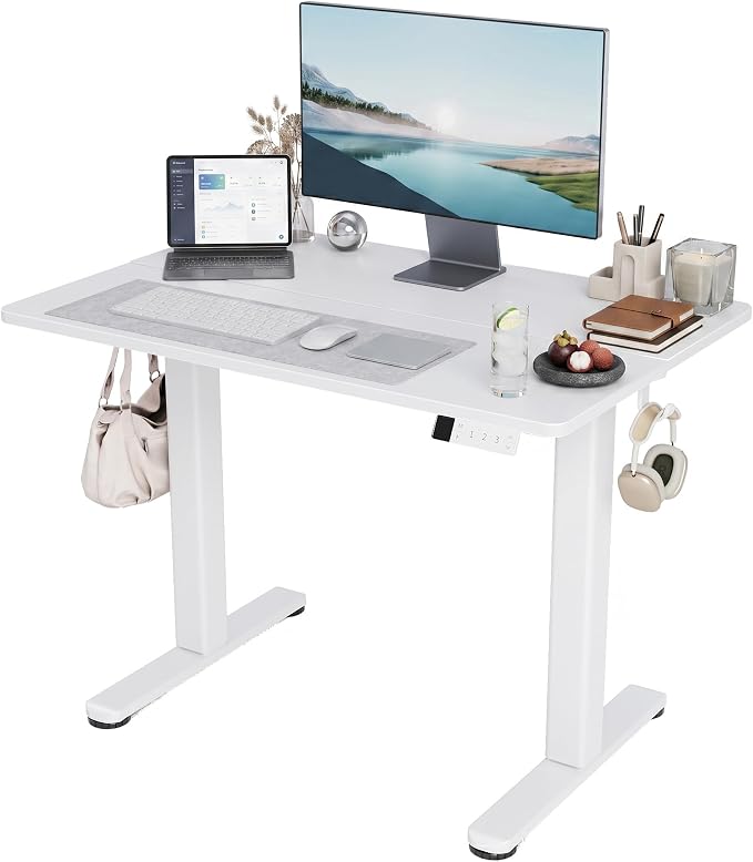 Claiks Electric Standing Desk 40x24 Inch Adjustable Desk, White | 156lbs weight capacity, 3 memory presets, industrial steel frame, cable management hub, adjustable height , easy assembly