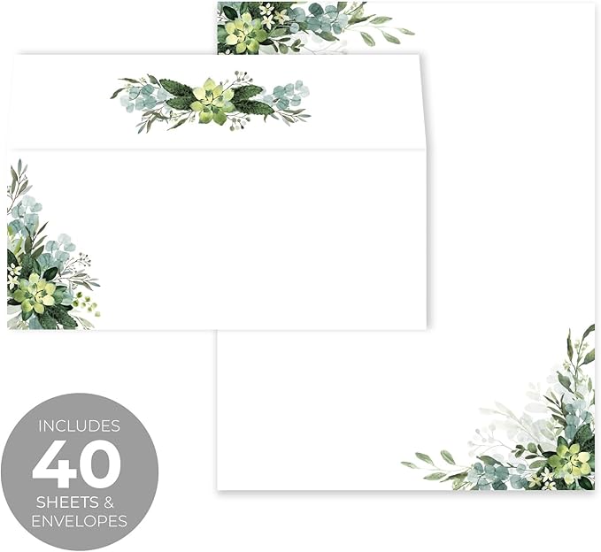 Lush Greenery Letterhead With Envelopes / 40 Decorative Botanical Floral Sheets With Matching Envelopes / 8.5" x 11" Watercolor Foliage Paper/All Occasion Design