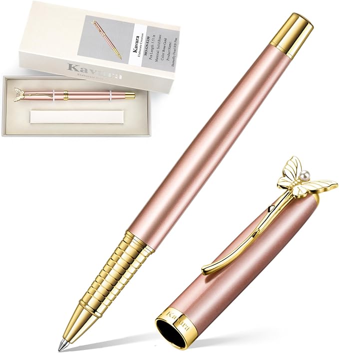 Butterfly & Pearl Rollerball Pen – Elegant Brass Pen Gift Set for Women, Jewelry-Inspired Design, Glossy Finish, with German Refill, Gift for Her, Graduation & New Beginnings (Rose Gold)