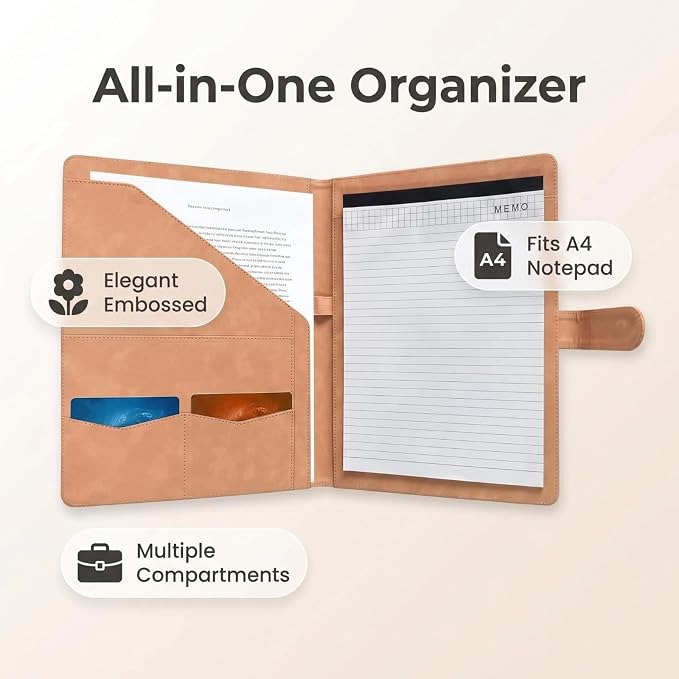Portfolio Padfolio Binder, Faux Leather Professional Document Organizer with Business Card Holder, Letter-Sized Notepad Legal Pad Holder, Durable Executive Folder for Interviews, Meeting (Pink)