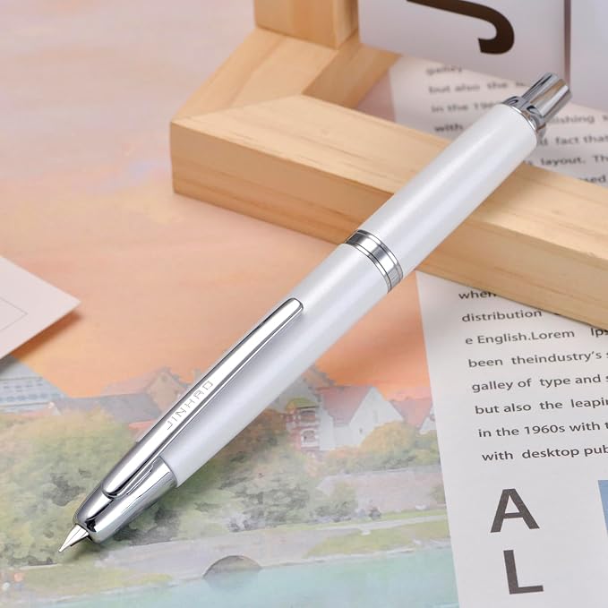 Jinhao 10 Press Fountain Pen with Box, Pearl White Retractable Medium Nib with Ink Converter Set (Silver Clip)