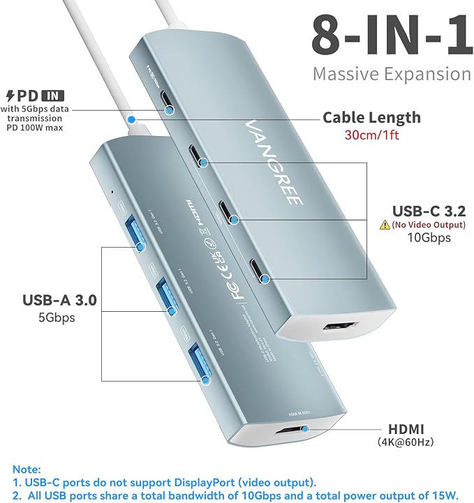 USB C Hub 8 in 1 Multiport Adapter, 3 USB 3.2 Gen 2 Ports with 10Gbps, 3 USB-A 3.0 5Gbps, 4K@60Hz HDMI, 100W PD, USBC Splitter for MacBook Pro, iPad Pro, Mac mini and More(Not Support USB-C Monitor)