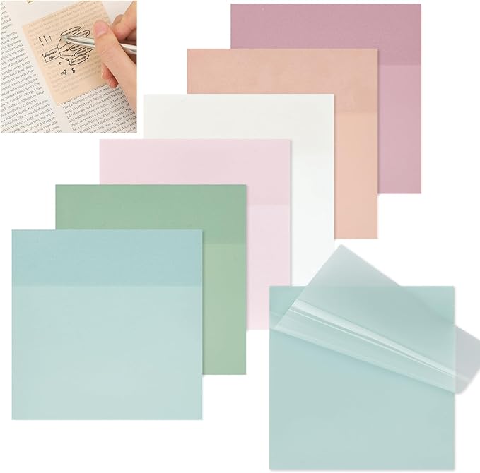 EOOUT Transparent Sticky Notes, 6 Pads 3x3 Inch, 6 Colors Pastel Clear Self-Adhesive Waterproof Translucent Sticky Notes, 300 Sheets, for Bible Tabs, Book Tabs, School Supplies, Office