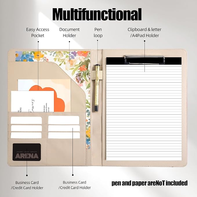 PU Leather A4 Clipboard Portfolio, Resume Padfolio Business Case | Features 25 memo sheets & pen holder. Durable PU leather for job interviews, office meetings & travel. Professional & sleek.