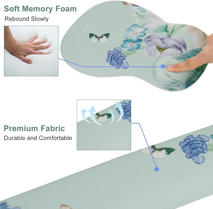 Petmolico Desk Pad Set with Wrist Rest for Keyboard & Mouse, Green Flower | Anti-slip PU base, durable Lycra & memory foam, relieves wrist fatigue, perfect for work, home & daily use