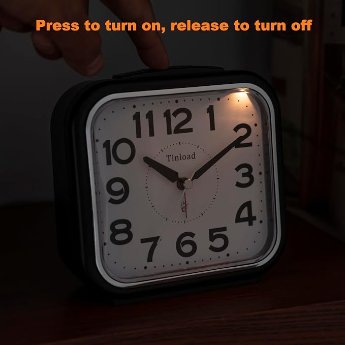 Tinload 5.5" Large No Ticking Analog Alarm Clock,Silent Readable for Seniors,Easy to Set,Gradual Rise Alarm,Big Numbers,Gentle Wake,Snooze, Lighted on Demand,Battery Operated(Black-B)