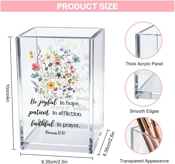 Be Joyful in Hope, Patient in Affliction Romans 12:12 Acrylic Cosmetic Pencil Pen Holder Cup, Christian Verse Pen Holder Cup, Christian Gifts for Women Boss Friend Teacher