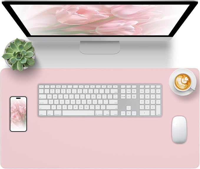 Pink Leather Desk Pad Large Mouse Pad, 23.6"x13.8" | Waterproof Desk Mat for Keyboard and Mouse, Non-Slip Computer Desk Protector, Smooth Mouse Control for Home Office