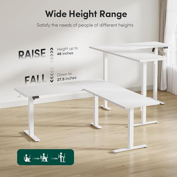 FEZIBO 75" x 63"L Shaped Standing Desk Adjustable Height, Electric Stand up Corner Computer Desk, Sit Stand Home Office Desk with Splice Board, White