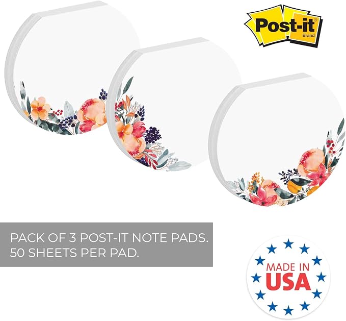 Floral Sticky Note Pad Assortment/Set of 3 Round Flat Top Flower Note Pads / 3.5" Bright Blossom Sticky Notes / 50 Sheets Per Pad/Made in USA