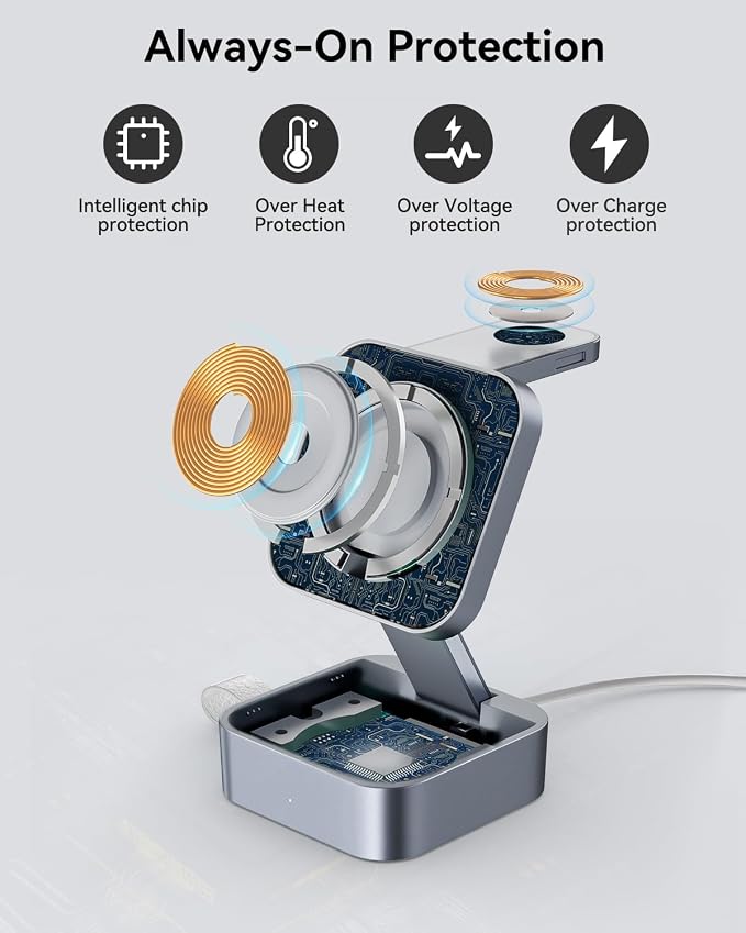 3 in 1 Wireless Charging Station for Apple Devices, Magnetic Foldable Travel Fast Charger Stand Compatible with MagSafe for iPhone Air/17/16/15/14/13/12 Series, Apple Watch & AirPods Pro/4/3/2-Blue