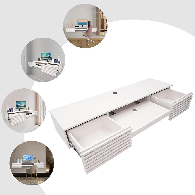 Modern Heavy Duty Wall Mounted Desk, Rectangular White Ecological Board, 60 * 15.5 * 9.5in, Wall Organizer Table with Pull Out Drawer, Home Office, Garage, Basement, Kitchen