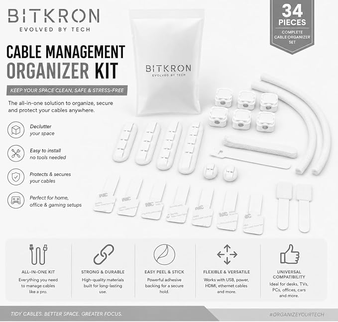 Cable Management Kit for Desk, 34-Piece, Black, Magnetic Organizer, Silicone Clips, Velcro Straps, Sleeve Wrap, Adhesive Cord Holders Office, Home & Gaming Setup WHITE (white)