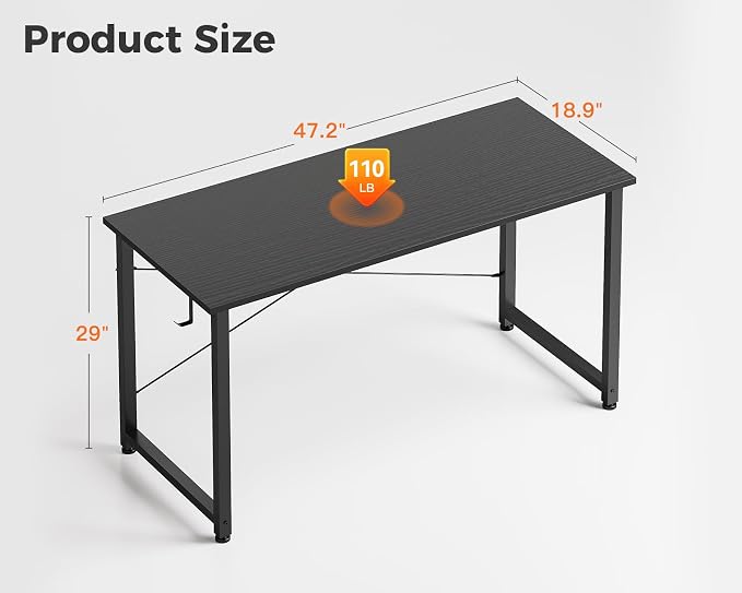 Casaottima 48 Inch Small Computer Desk for Home Office, Study Writing Table for Small Spaces, Simple Modern Desk with Headphone Hooks, Pure Black