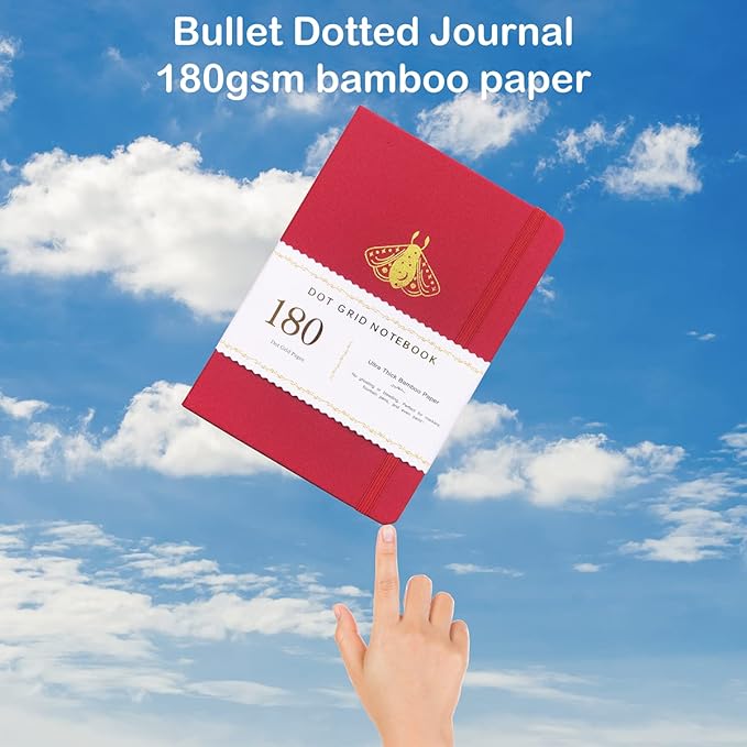 BUKE Dot Grid Notebook Dotted Journal,180Gsm Bamboo White Paper, 5 * 5MM Dots 160 Pages, Lay Flat Binding,Colored Silver Edges, Bookmarks and Expandable Back Pocket