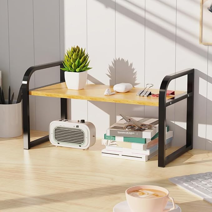 Office Desk Shelf Organizer, Wood Desktop Bookshelf Supplies Storage Rack Shelf for Top Desk and Dresser and Cubicle Decor Bookshelf Monitor Stand Riser (Black Wood-single Tier, 15.75 Lx7.87 Wx8.46 H)