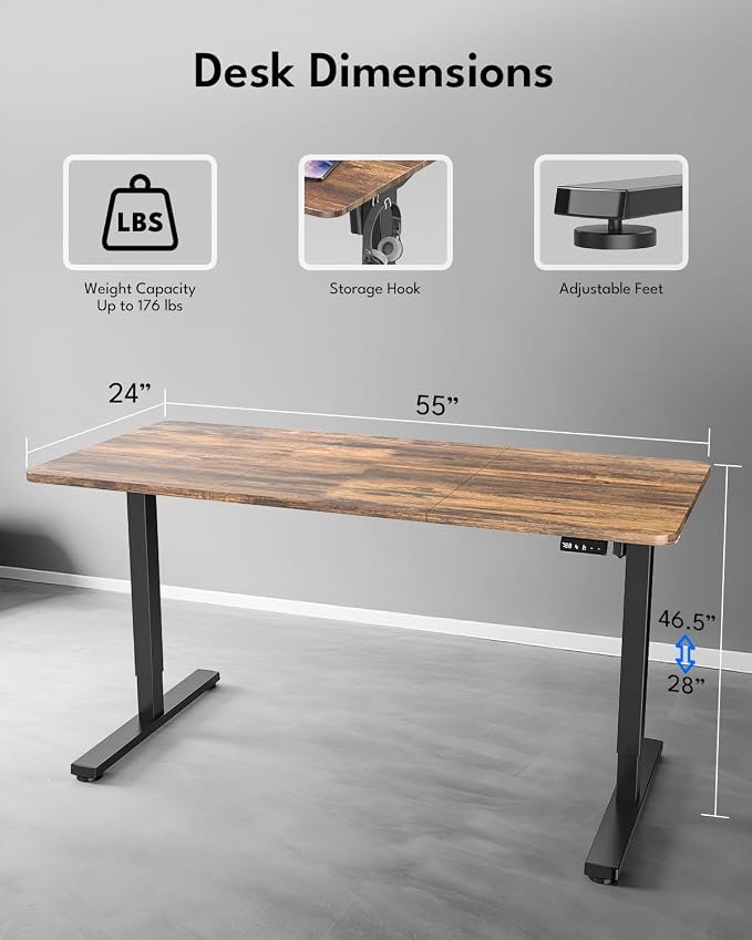 Large Electric Standing Desk, Gaming Desk, 55x24 Inch, Rustic Brown | Height Adjustable Computer Desk with Smart Controller, Sit and Stand Up Table for Home, Office, Work, Study, Writing