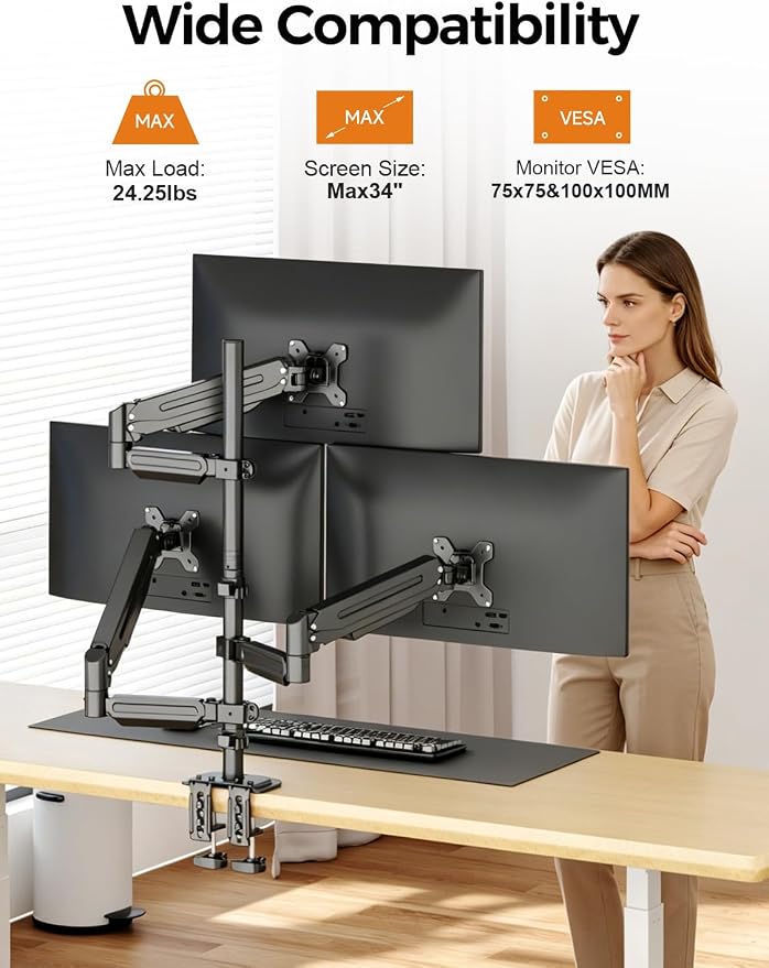 Bracwiser Triple Monitor Mount for Max 34" Screens, up to 24.25lbs Each, Full Adjustable 3 Monitor Desk Stand, Three Gas Spring Arm with Tilt Swivel Rotation, VESA 75x75/100x100mm, Black, MDX883B