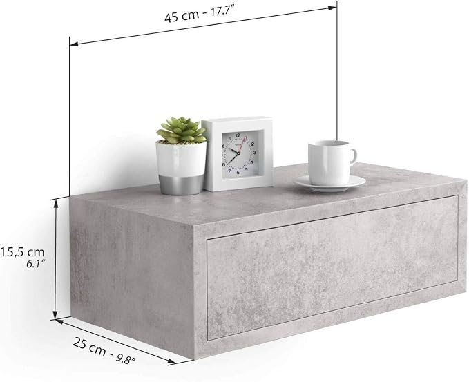Mobili Fiver, Riccardo Floating nightstand, Concrete Effect, Grey, 17.7" x 9.8" x 6.1 ", Melamine-Finished, Modern Bedside Table, End Table, Italian Furniture