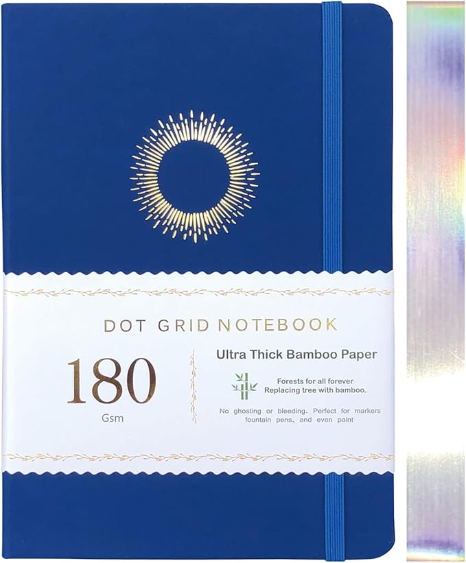 BUKE Dotted Notebook Journal 180GSM Bamboo Thick White Paper 160 Pages 5 * 5MM Dot Grid, Lay Flat Binding,Colored Silver Edges, Bookmarks and Expandable Back Pocket (BKP-3)