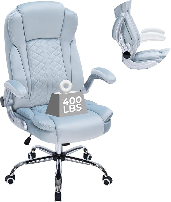400lbs Executive Office Chair with Flip-Up Armrests, Big and Tall Computer Chair for Heavy People, Heavy Duty Ergonomic Comfy Chair, Breathable Plush Velvet (Blue)