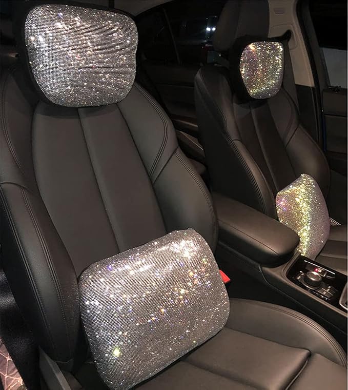 Carwales Lumbar Support Pillow Summer Decorative for Car Soft Bling Accessories Sparkly Diamond Rhinestone for Women Girls, Universal Office Chair Lower Back Cushion Rubber Black
