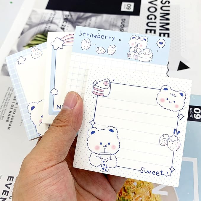 Cute Sticky Notes, 4Pack(320 Sheets) Kawaii Sticky Notes 3.1x3.1in Self-Stick Note Pads Colorful Super Note Pads Unique Cute Bear Patterns Sticky-Note