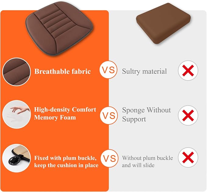 kingphenix Memory Foam Car Seat Cushion for Driver and Office Chair Comfort | 1.2-Inch-Thick Memory Foam Seat Pad, Soft, Breathable Fabric, Non-Slip Silicone Bottom for Long Drives and Office Use, Brown