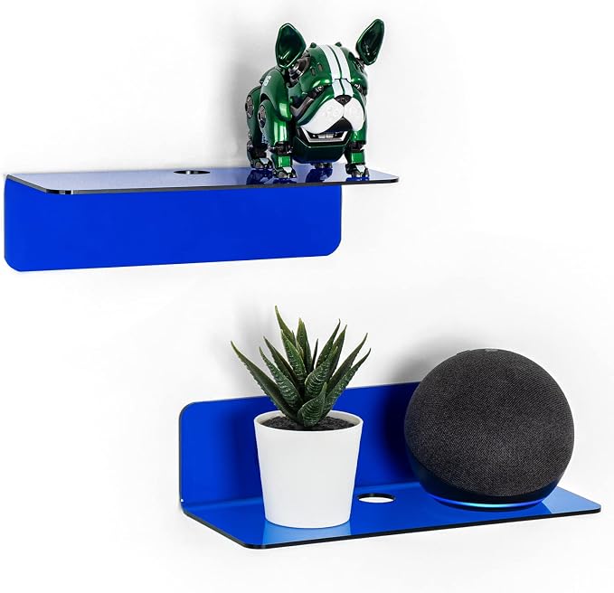 OAPRIRE Small Floating Wall Shelves Set of 2 - Personalize&Easily Expand Wall Space - 9 Inch Acrylic Wall Shelf for Bedroom, Gaming Room, Living Room, Bathroom, Office, with Cable Clips - Clear Blue