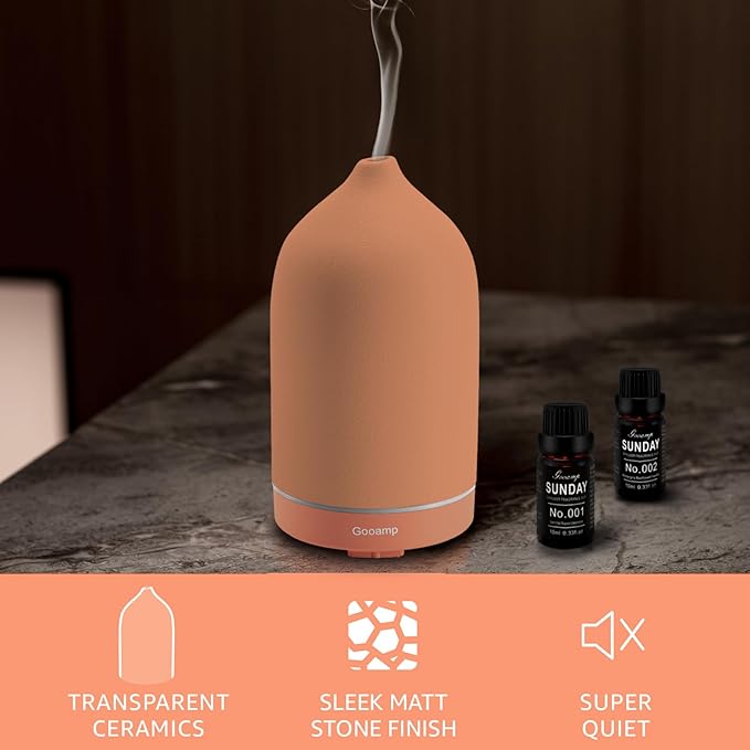 200ML Ceramic Essential Oil Diffuser - Ultrasonic Aromatherapy & Humidifier with 7-Color LED Lights, Auto Shut-Off, Brown, 1H/3H/6H Timer | Scent for Home,Office,Yoga