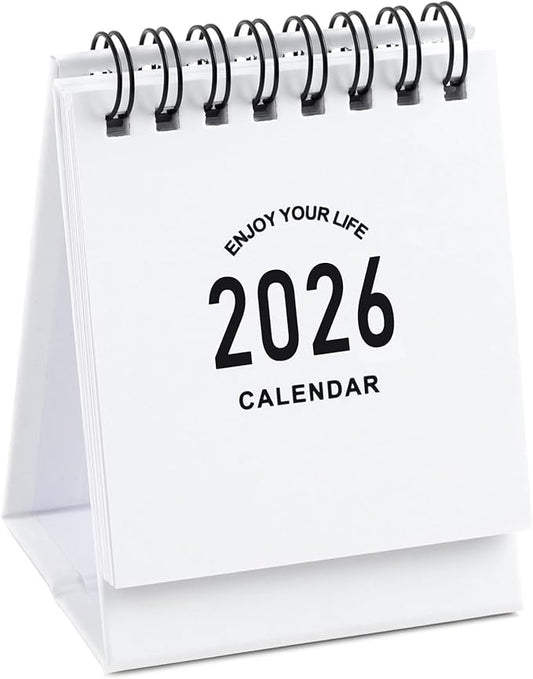 Mini Desk Calendar 2026-2027 - January 2026 until June 2027 Small Desktop Calendar Mini Daily Schedule 250gsm Thick Paper Twin-Wire Binding with Stickers for Home Office School (Mini white)