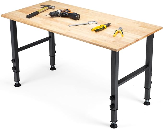 OLBRUS 48 "Adjustable Workbench, Heavy Duty 2000 LBS Load Capacity Hardwood Workbench Suitable for Workshop, Office, Garage, Home (Rubber Pad丨No Power Outlets 48"x24")
