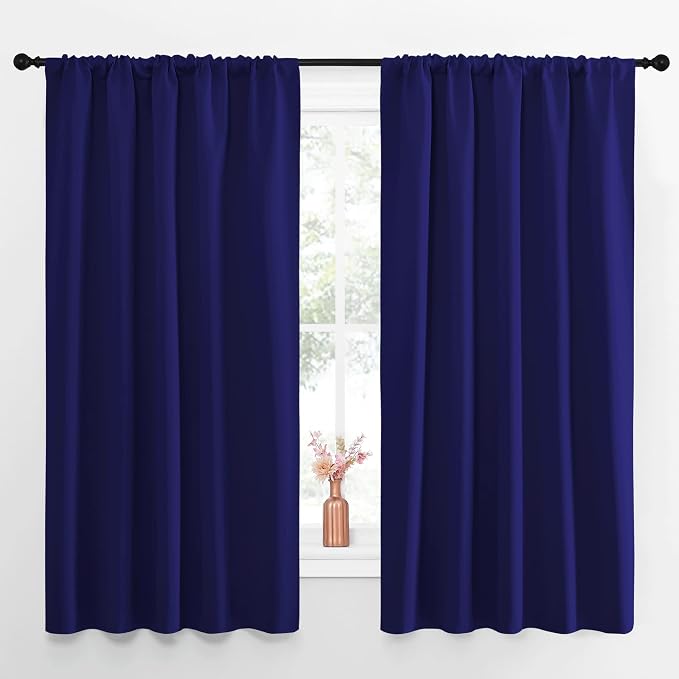 NICETOWN Curtains Blackout Draperies - Modern Design Thermal Insulated Solid Rod Pocket Top Blackout Drapes for Kid's Bedroom, Window Coverings (Navy Blue, 1 Pair, 52 x 63 inches)