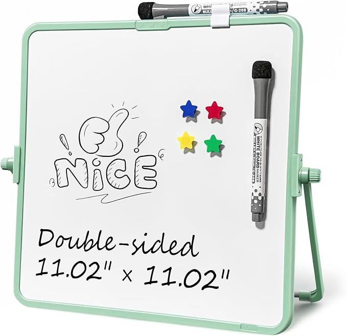 Colorful Dry Erase White Board 11x11in, Magnetic Desktop Board with Stand, 2 Markers (Eraser Head), 4 Magnets - Double-Sided Easel for Daily Planning, Office/Home/School (Green)