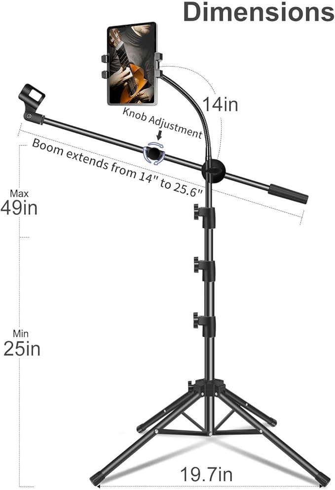 Mic Stand, Microphone Stand Floor Boom Mic Stand with Tablet Phone Holder Height Adjustable Four-legged Stand Gooseneck Boom Arm with 2 Mic Clips for Singing Stage Performance Party