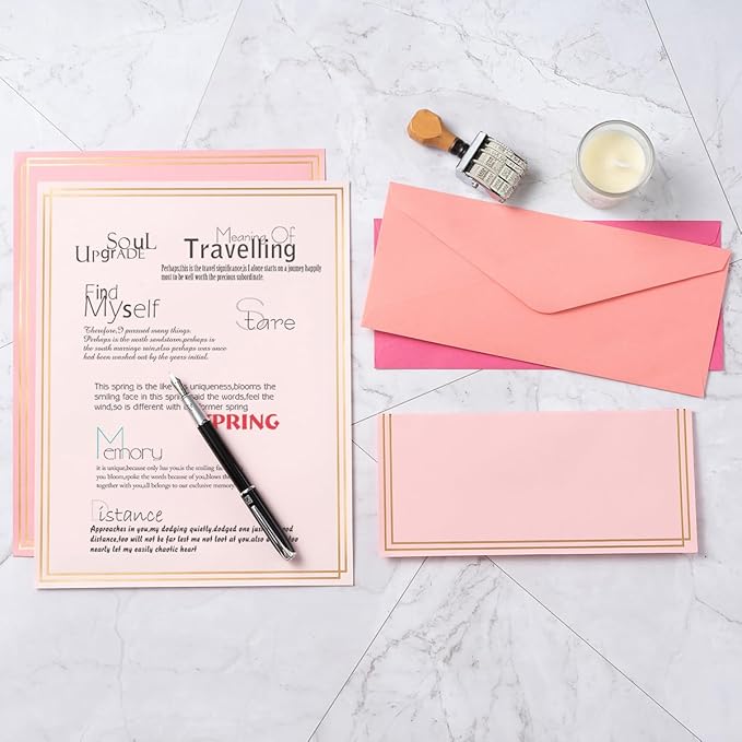 50 Pack Colored Stationery Set, 5 Colors #10 Business Envelopes, 50 Sheets 8.5x11 Paper Sheet and Gold Stickers for Office, Letters, Invitations (Pink)