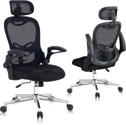 Office Chair, Ergonomic Breathable Mesh,Flip-Up Arms and Adjustable High Back Lumbar Support,Comfy Computer Chair for Home Office (Black, 407)