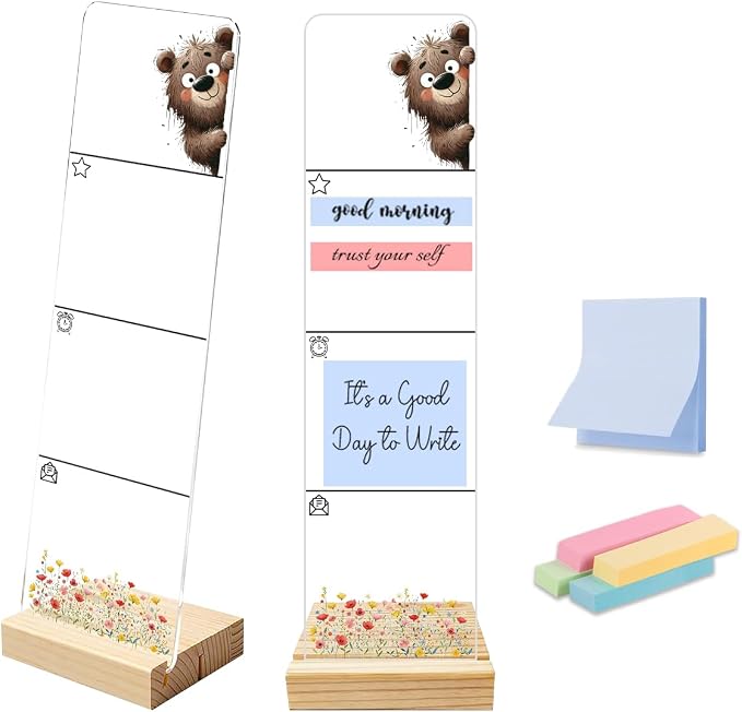 Sticky Note Holder, Monitor Memo Board, Acrylic Post It Note Holder with Wooden Base, Includes 200 Notes, Desk Organizer for Office Cute Bear Design
