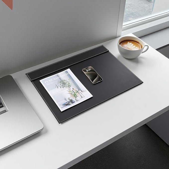 KINGFOM Ultra-Smooth PU Leather Desk Pad & Mat Office Desk Drawing & Writing Board A3/ A4 File Paper Clip Table Protector Mat on Top Large 24''x18'' (Black)