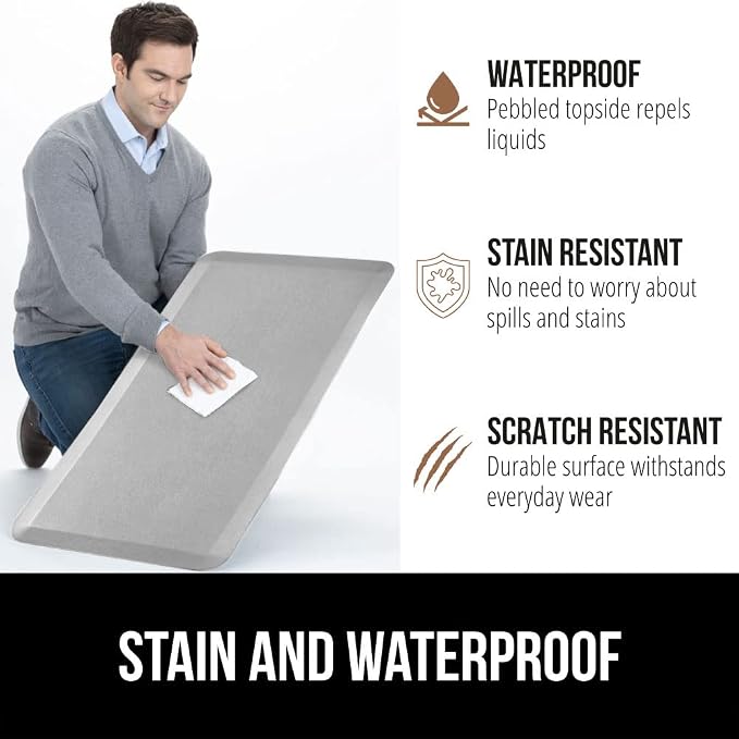 GORILLA GRIP Comfortable Cushioned Kitchen Mats for Floor, 48x20, Waterproof and Stain Resistant Soft Top, 3/4 Inch Thick Ergonomic Standing Desk Anti Fatigue Mat, Foam Supports Feet, Silver