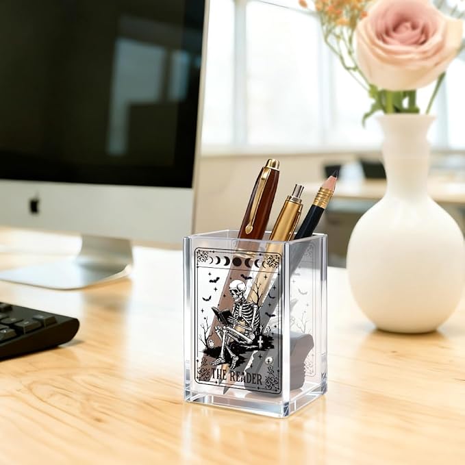 The Reader Acrylic Cosmetic Pencil Pen Holder Cup, Funny Bookworm Skeleton Theme Gifts for Bookworm Book Lover Reader Book Club Member College Student, Thank You Gifts for Librarian Teacher
