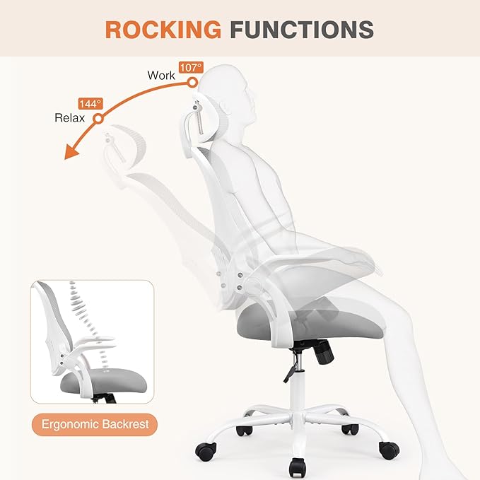 Sweetcrispy Home Office Managerial Executive Chair, High-Back Mesh with Adjustable Headrest, Flip-up Armrest Comfortable Lumbar Support, Comfy Arms for Bedroom,Study,Student