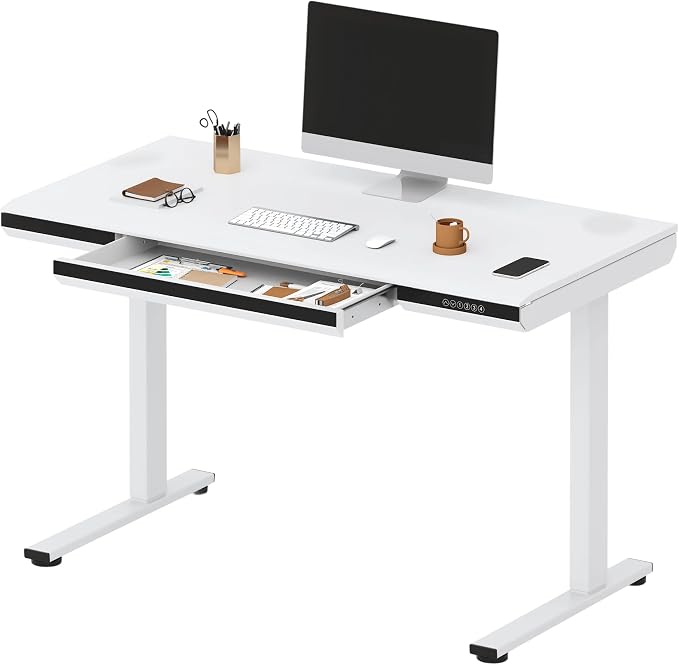 SANODESK 48" One-Piece Standing Desk with Acrylic-Front Drawer, Fast-Assembly Ergonomic Sit-to-Stand Desk with MDF Top, 4 Height Memory Presets Touch-Control, Home Office Computer Workstation, White