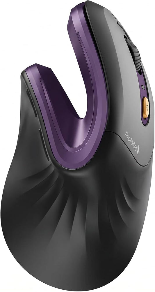 ProtoArc EM11 NL Wireless Ergonomic Mouse, Rechargeable, Black Purple | 58° vertical design supports a natural wrist posture, connect 3 devices via Bluetooth/2.4G USB-A, 500mAh USB-C rechargeable.