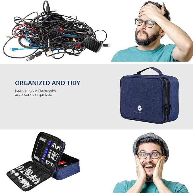 ORIENT FAMULAY Travel Electronics Organizer, Waterproof Cable Organizer Bag for Electronic Accessories Double Layer Large Shockproof Cable Storage Bag for Cord, Power Bank, Tablet(Up to iPad 11 inch) - Royal Blue