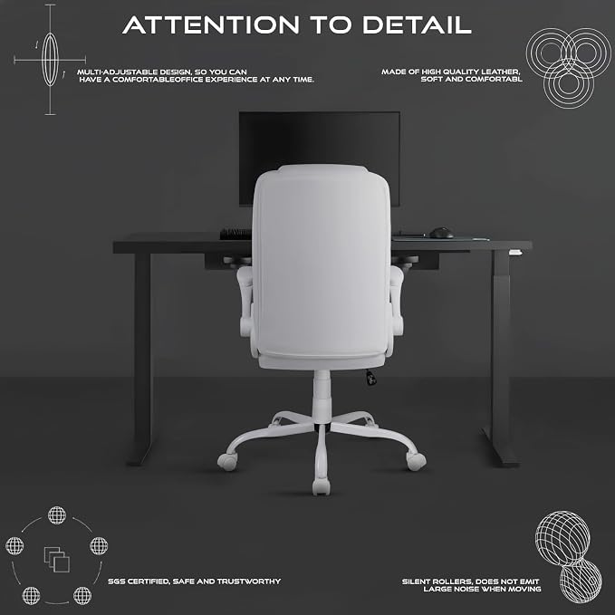 Ergonomic Office Chair with Flip-up Armrests, Big and Tall Leather Executive Office Chair, High Back Lumbar Support Home Computer Desk Chair, Heavy and Duty Computer Chair (White)