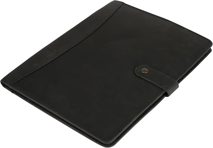KomalC Leather Portfolio Folder with Button Closure | Business Padfolio for Professionals | Vintage Organizer with Legal Pad Holder, Card Slots & Document Pockets (Black)