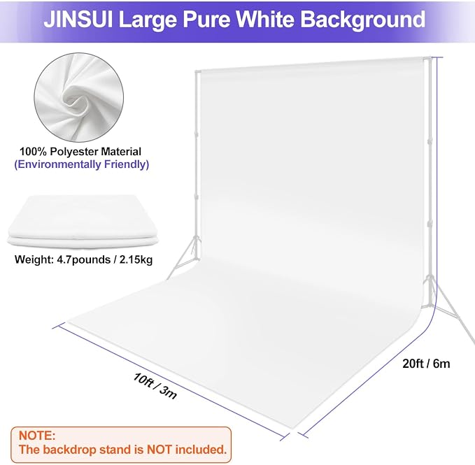 Backdrop for Photoshoot 10x20ft, Large White Photo Curtain for Party, Thick Polyester Fabric Background for Photography, Screen Drapes for Photographic Studio Video Recording