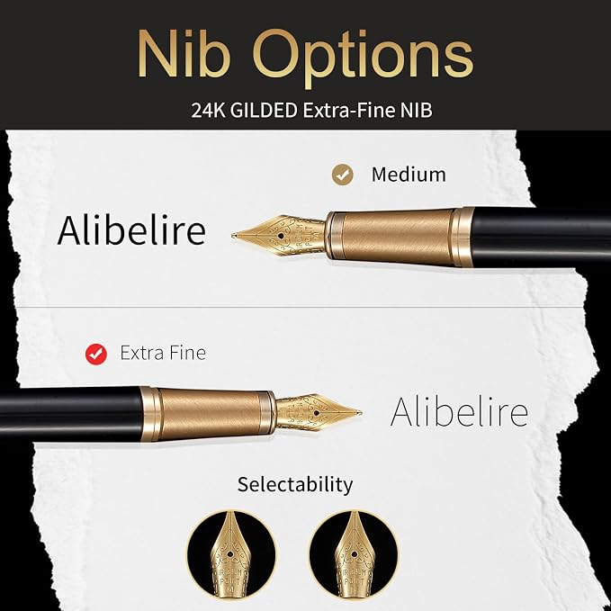 Black Luxury Fountain Pen Set for Men and Women with Gift Box, 24K Gold Finish and Gilded Nib(Extra Fine) with 5 Black Ink Cartridges and Converter